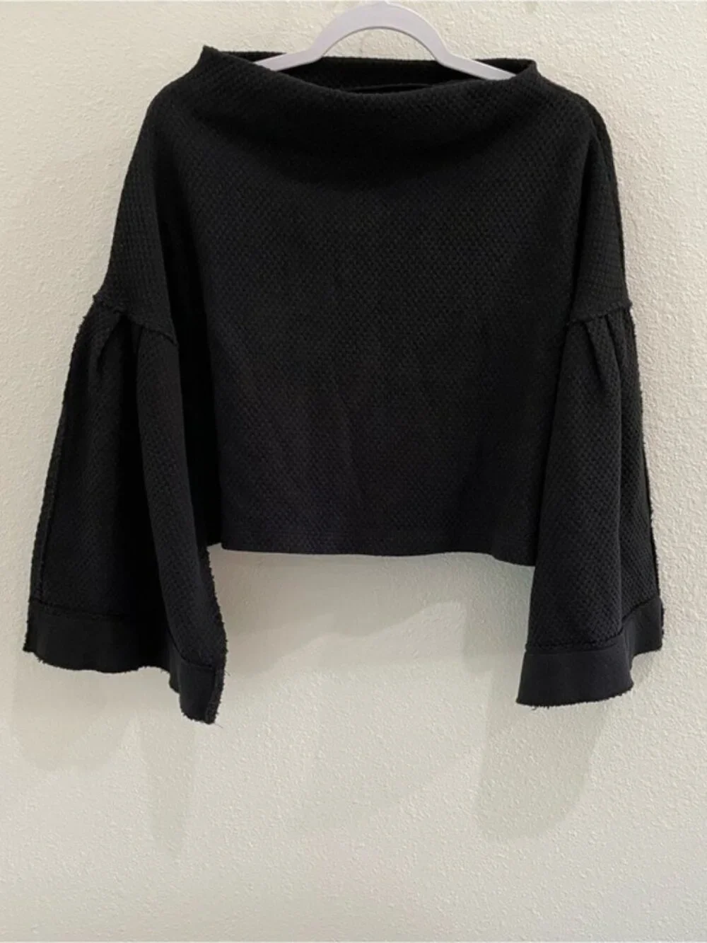 Free People Boho Boxy Bunny Tee Black Oversized Puff Sleeve Slit Off Shoulder